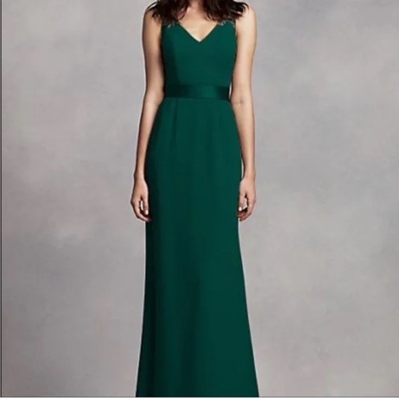 Vera Wang White Collection Forest Green Chiffon Dress V Neck Satin Belt Size 8 - Picture 1 of 8